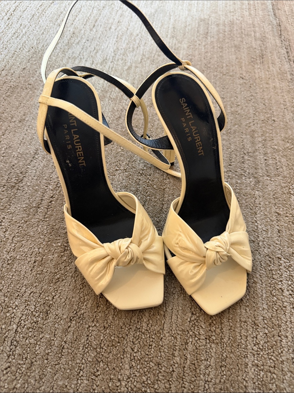 Saint Laurent Cream Knot Front Ankle-Strap Heels
